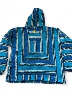 Unisex Hippie Blue Striped Hooded Baja Sweater
